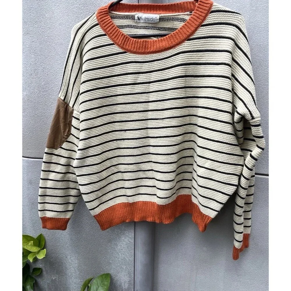 Vintage She Inside Women’s Sz Large Brown And Orange Cardigan Striped Sweater
